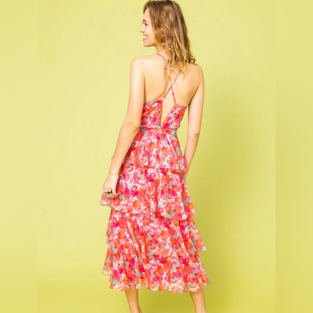Adelyn Rae Brianna Pink Multi‑Color Floral Tiered Maxi Dress Ruffles Strappy Med - Picture 3 of 11